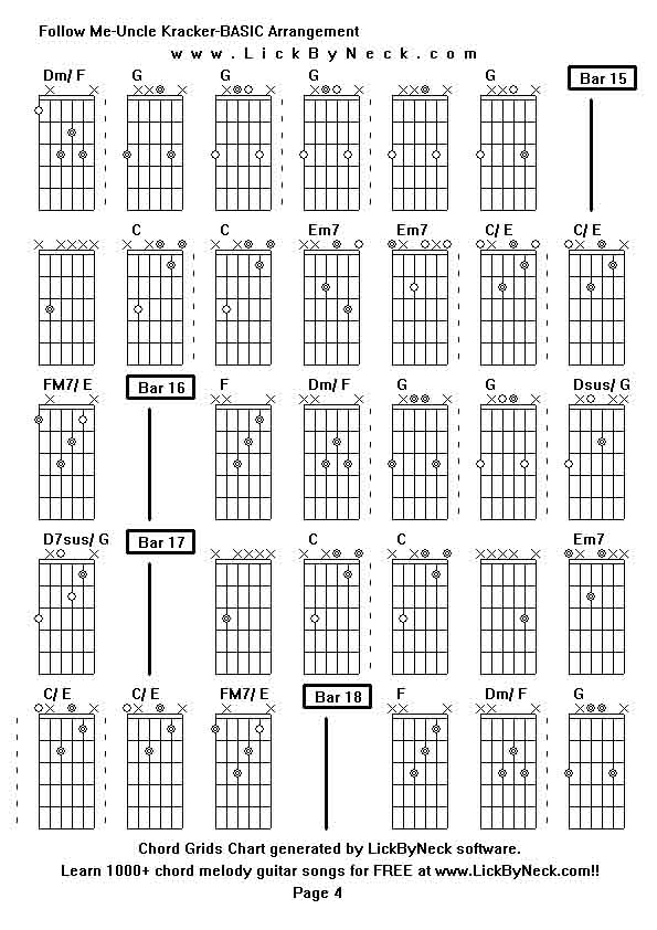 Chord Grids Chart of chord melody fingerstyle guitar song-Follow Me-Uncle Kracker-BASIC Arrangement,generated by LickByNeck software.